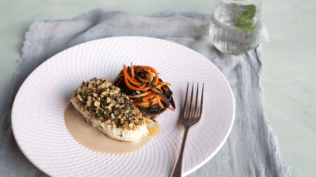 Walnut Crusted Fish with Carrot & Kale Salad - Gwinganna Lifestyle Retreat