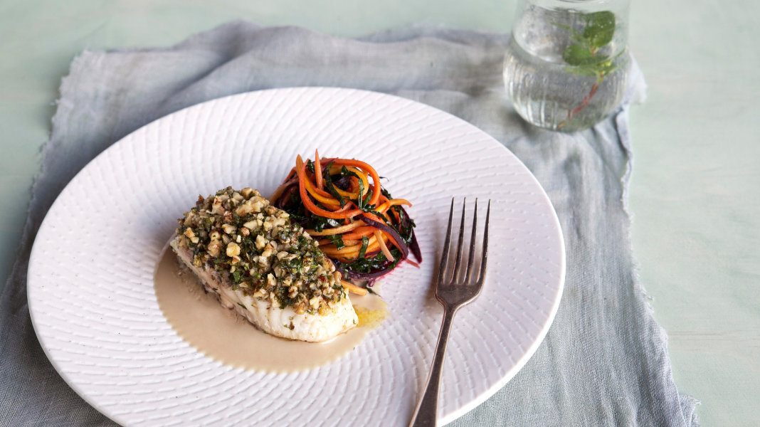 Walnut Crusted Fish with Carrot & Kale Salad