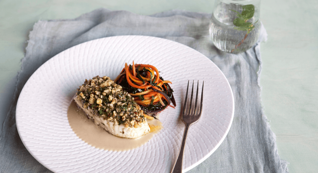 Walnut Crusted Fish with Carrot & Kale Salad